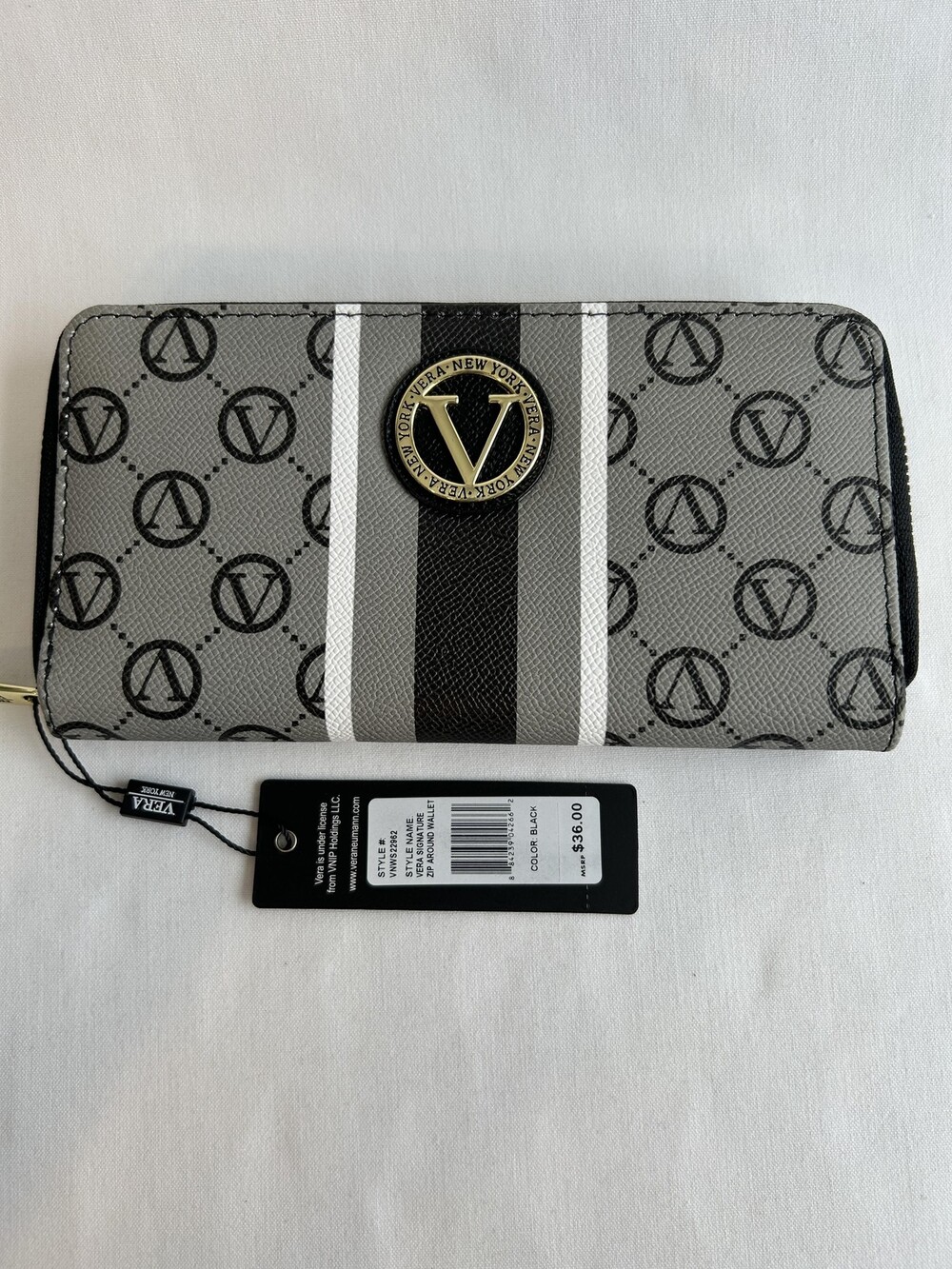 Vera New York Wallet Womens Zip Around Black Signature Logo